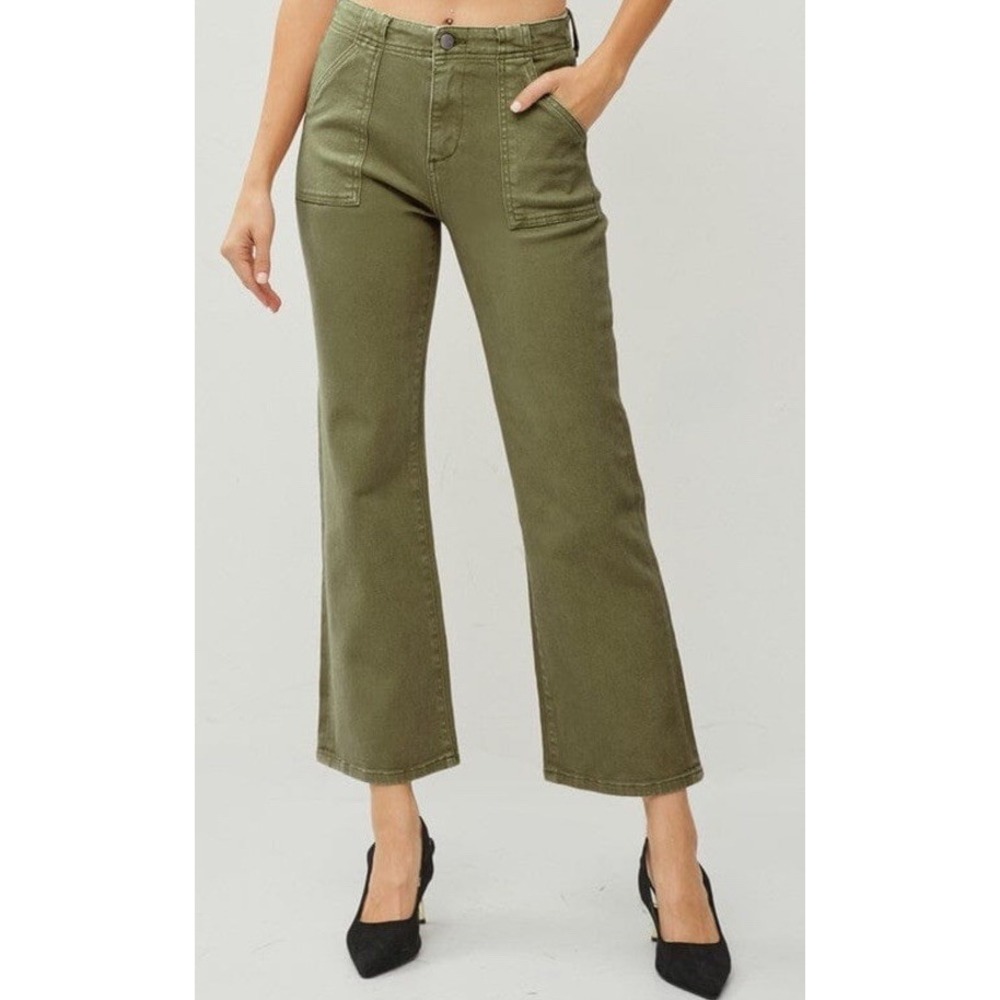 Risen Rosie Ankle Flare Jeans‎ High Rise Cropped Stretch Moss Green Sz 2XL 18-20